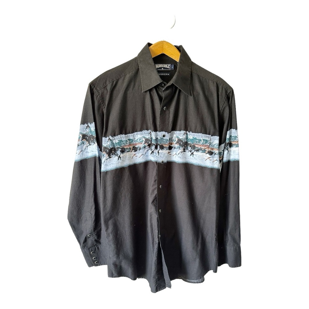 Vintage Panhandle Slim Western Snap Shirt Horse Cowboy Print Black Size Large
